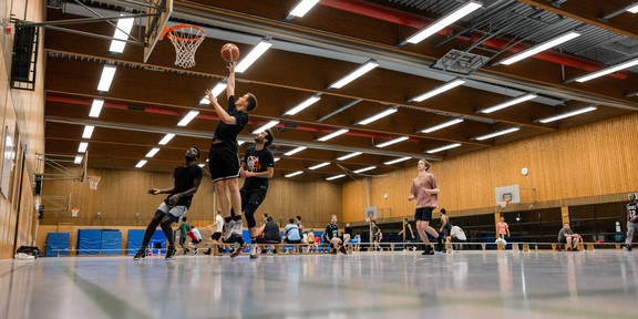 Studierende beim Basketballspielen 