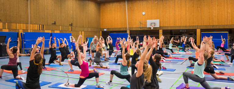 Eindruck eines HSP-Kurses, viele Teilnehmende knien jeweils auf einer Yogamatte und machen eine Übung