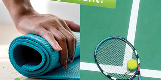 Tennisschläger und Yogamatte mit Titel "Übungsleitende gesucht"